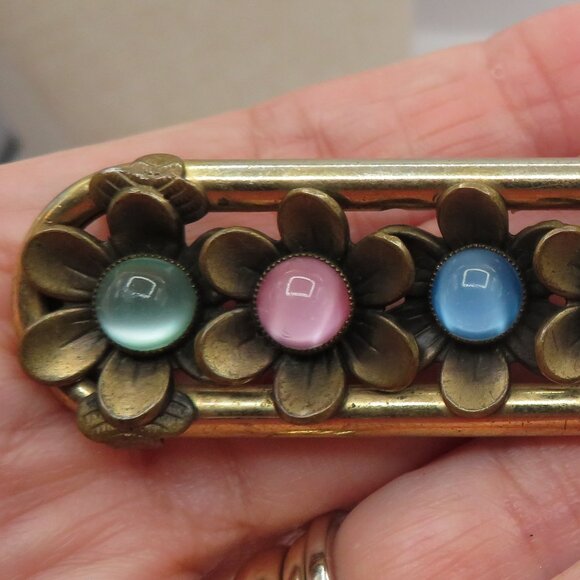Vintage Neiger Brothers Czech Glass Cabochon Stone Floral Bar Brooch - Picture 4 of 8